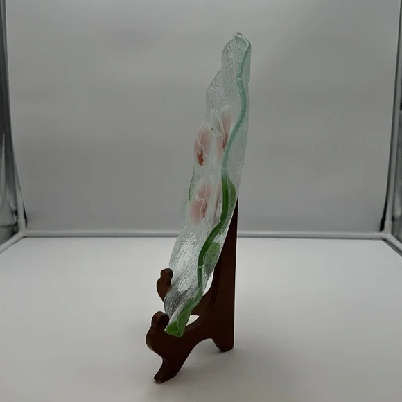 Fused Glass Scalloped Large Plate/Bowl Pink Pansies Green leaves - Picture 2 of 16